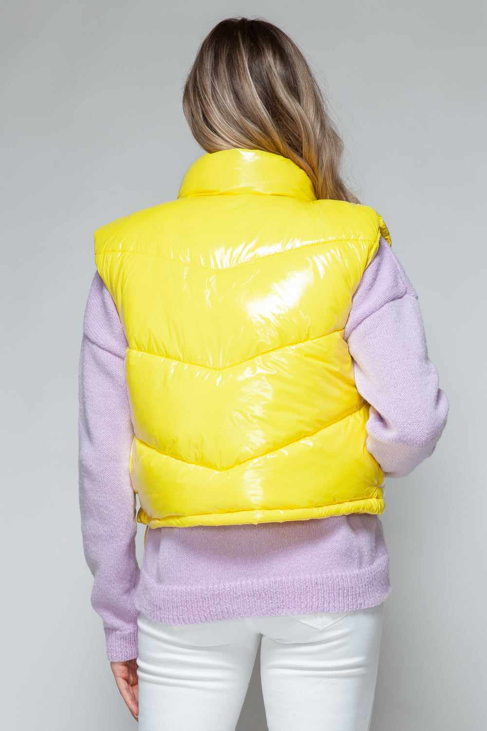 Yellow Zip Up Turtleneck Shiny Quilted Vest