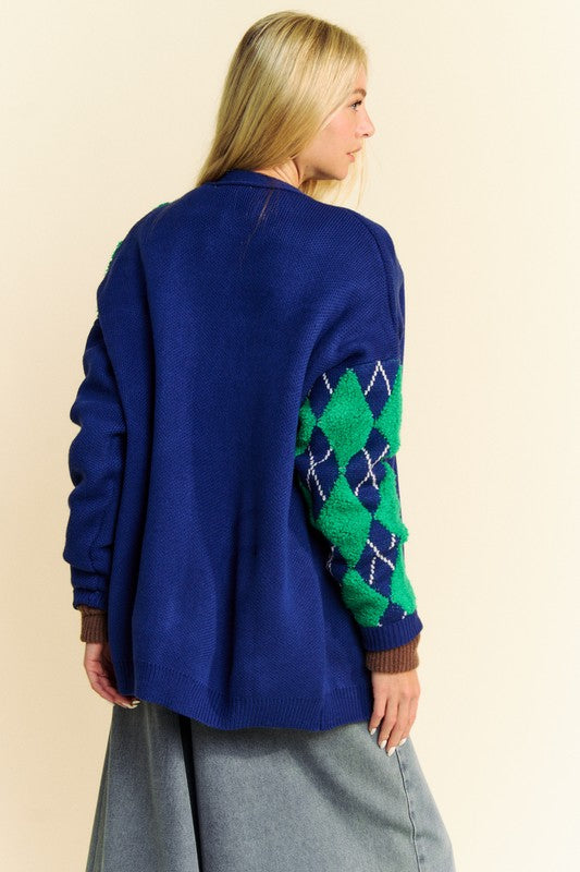 The Couture Knit Argyle V-Neck Dropped Shoulder Cardigan