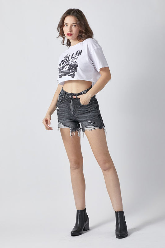 Sapphire Bloom Full Size High Rise Distressed Denim Shorts