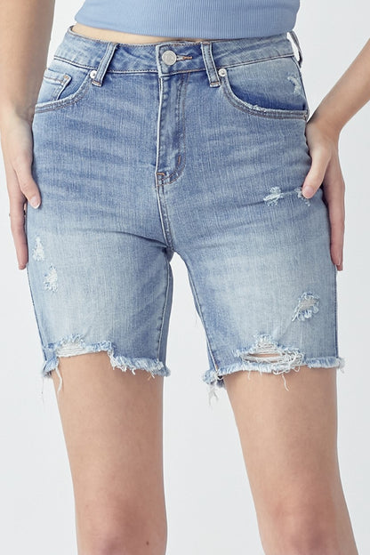 Heritage Denim High Rise Distressed Denim Shorts