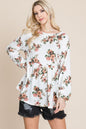 SANSY Babydoll Floral Boat Neck Long Sleeve Blouse