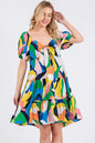 Heart's Desire Abstract Print Sweetheart Neck Puff Sleeve Dress
