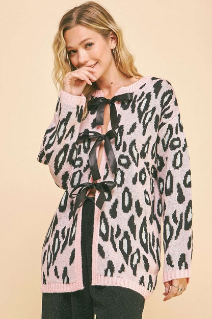 The Couture Knit Leopard Ribbon Tie Front Loose Fit Cardigan