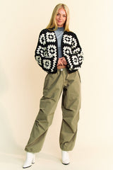 The Couture Knit Two Tone Flower Square Crochet Open Front Cardigan