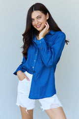 Jean Baby Denim Button Down Shirt Top in Dark Blue