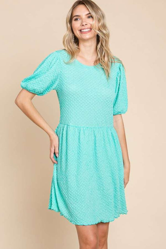 SKY BLUE Textured Round Neck Puff Sleeve Dress