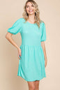 SKY BLUE Textured Round Neck Puff Sleeve Dress