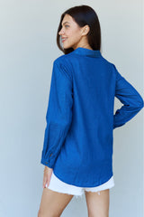 Jean Baby Denim Button Down Shirt Top in Dark Blue