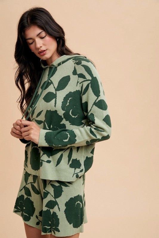 Sansplay Luxe Two-Piece Flower Pattern Drawstring Hooded Top and Shorts Sweater Set
