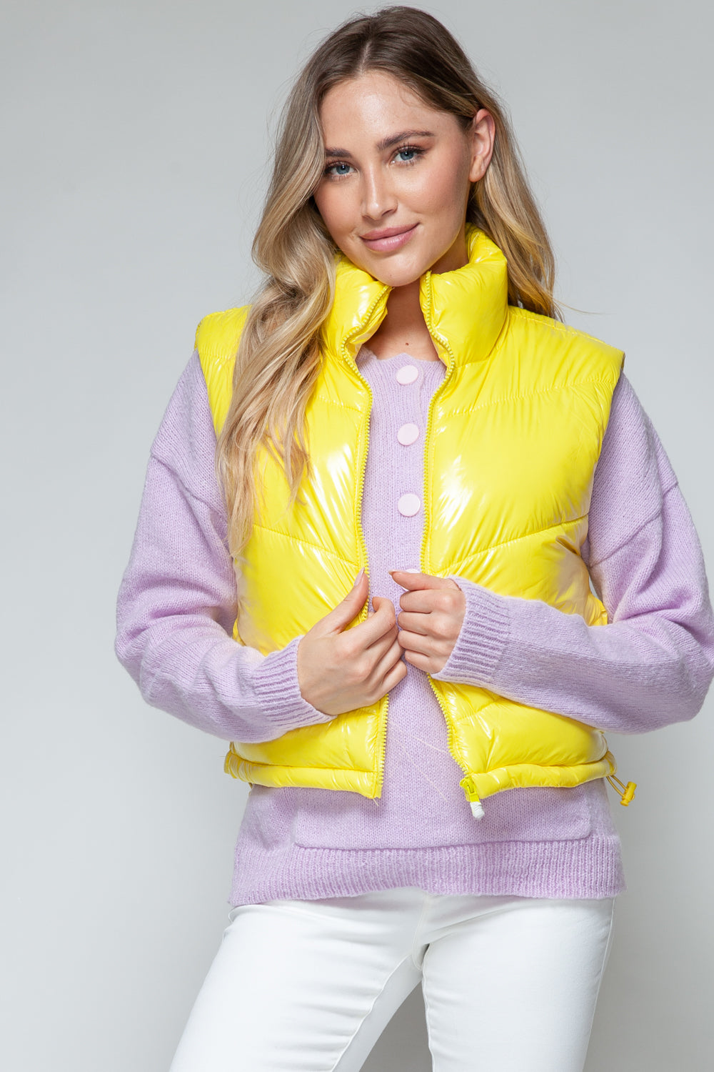 Yellow Zip Up Turtleneck Shiny Quilted Vest