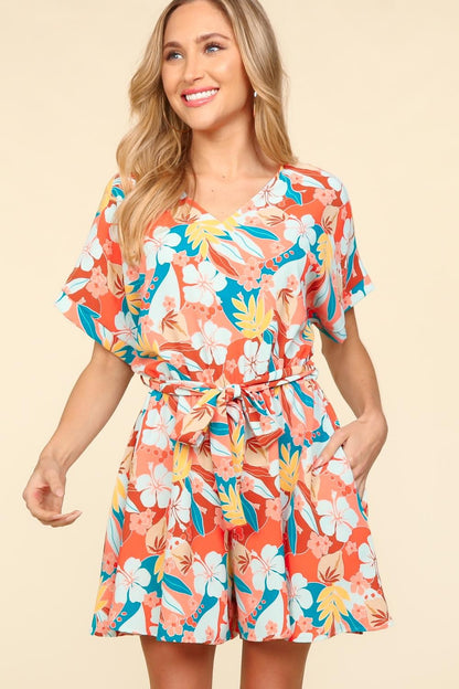Sans Tropical Floral Short Sleeve Tied Romper