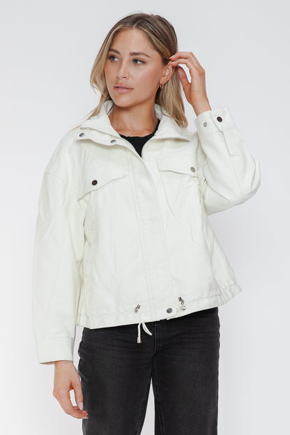 Drawstring Hem PU Leather Zip Up Jacket