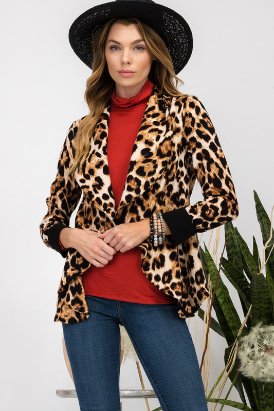 Sansplay Tailored Blazer Leopard Open Front Long Sleeve Blazer