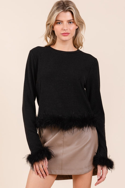 Special Feather Trim Long Sleeve Crop Hacci Knit Top