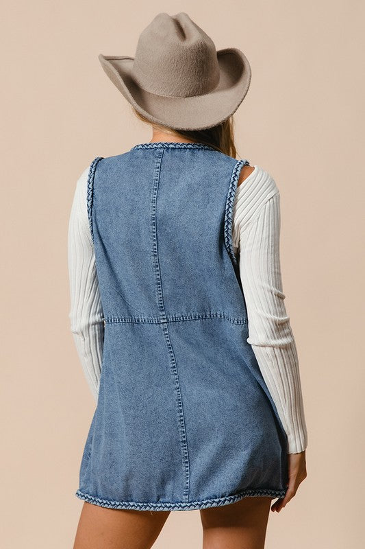 The Heirloom Braided Trim Open Front Denim Vest with Pockets