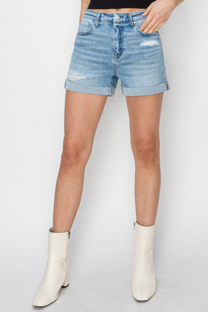 Sapphire Bloom Distressed Mid-Rise Waist Denim Shorts