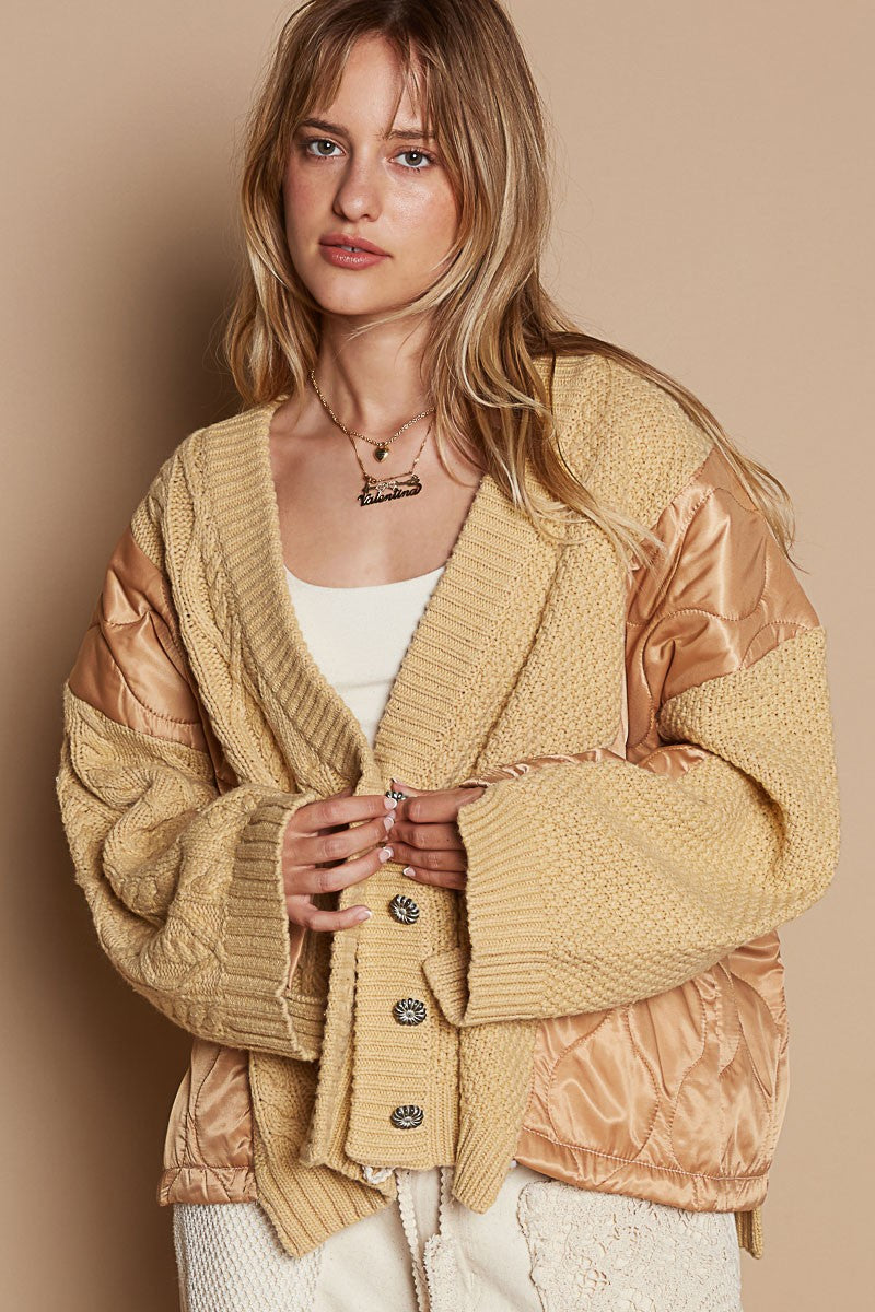 Sansplay Quilting Patch Button Up Cable Knit Jacket
