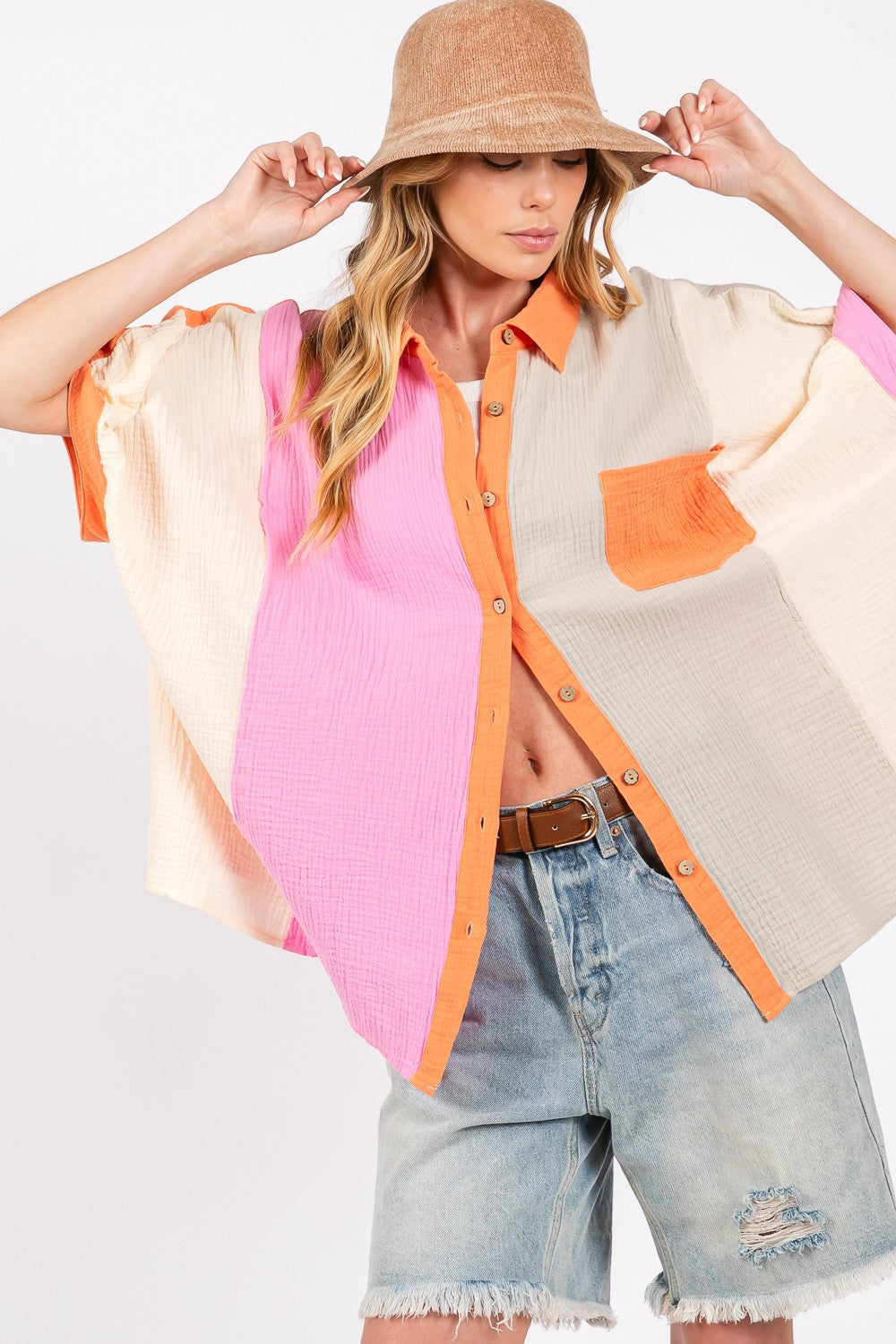 Captivate Full Size Color Block Button-Down Shirt