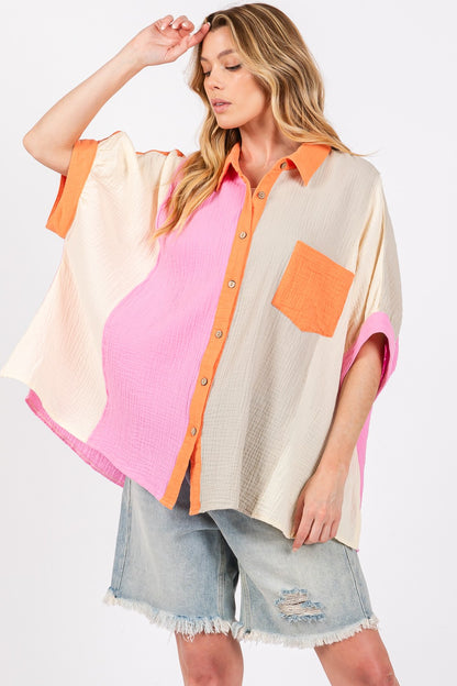 Captivate Full Size Color Block Button-Down Shirt