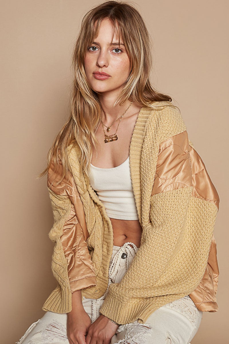 Sansplay Quilting Patch Button Up Cable Knit Jacket