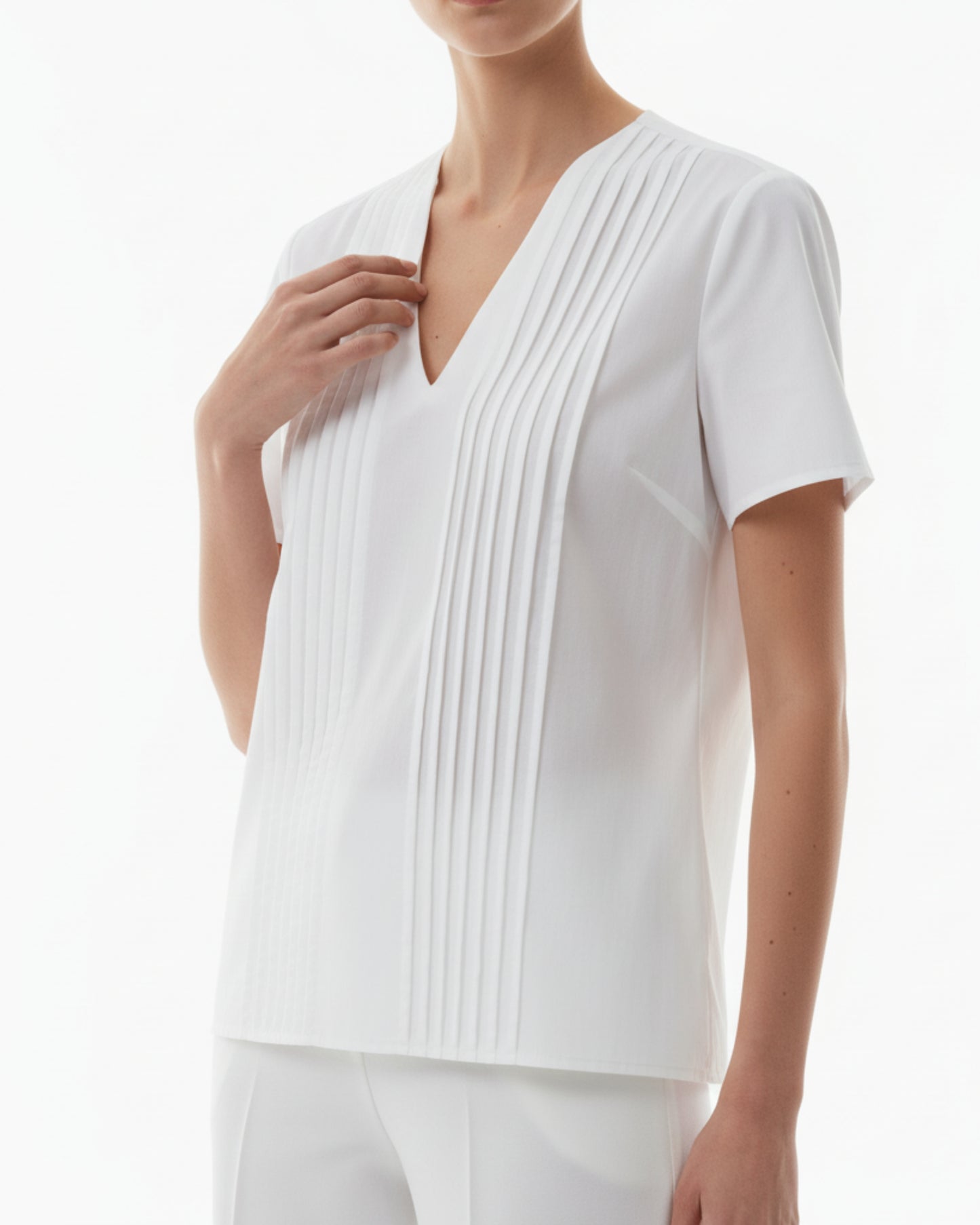The Sansplay Grandeur Tuck Detail V-Neck Short Sleeve Blouse