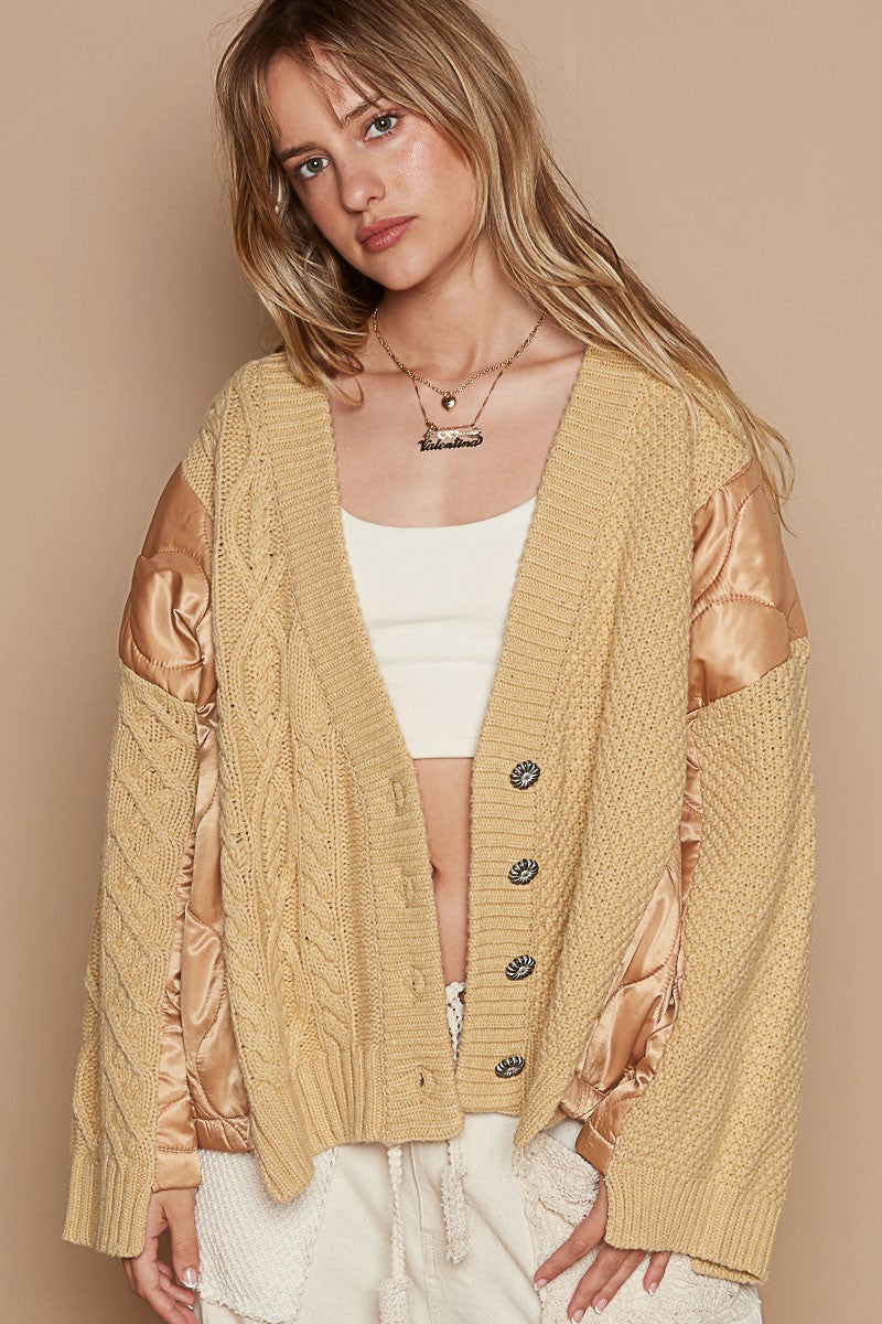 Sansplay Quilting Patch Button Up Cable Knit Jacket