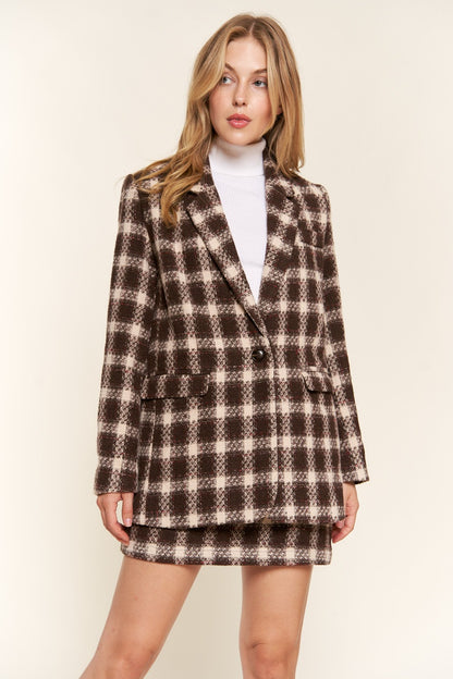 Full Size Plaid Brushed One Button Blazer