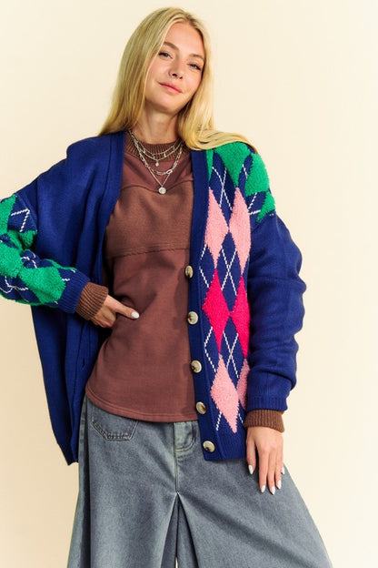 The Couture Knit Argyle V-Neck Dropped Shoulder Cardigan