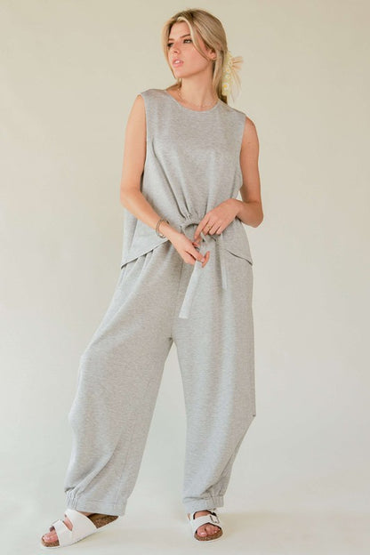 Sansplay Designer Set Drawstring Hem Round Neck Tank and Pants Set