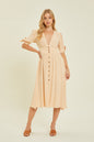 Serene Full Size Textured Linen V-Neck Button-Down Midi Dress