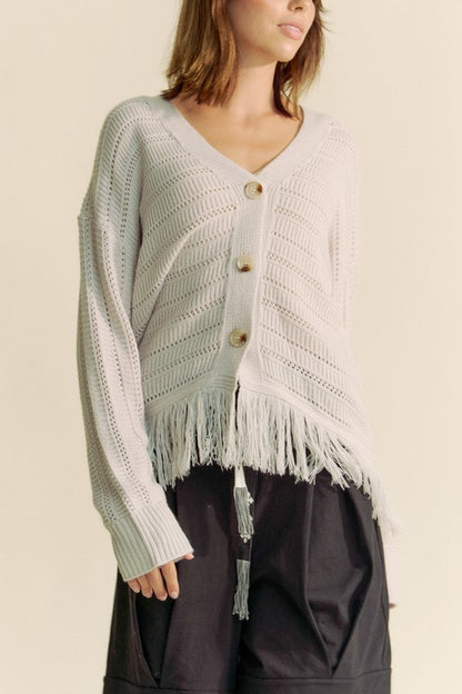 The Couture Knit Fringe V-Neck Button Up Long Sleeve Cardigan
