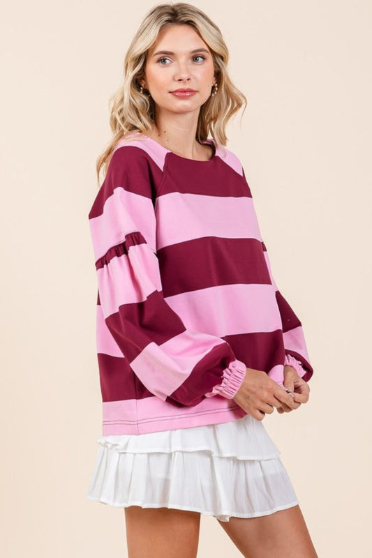 Twilight Glow Striped Snap Shoulder Long Sleeve T-Shirt