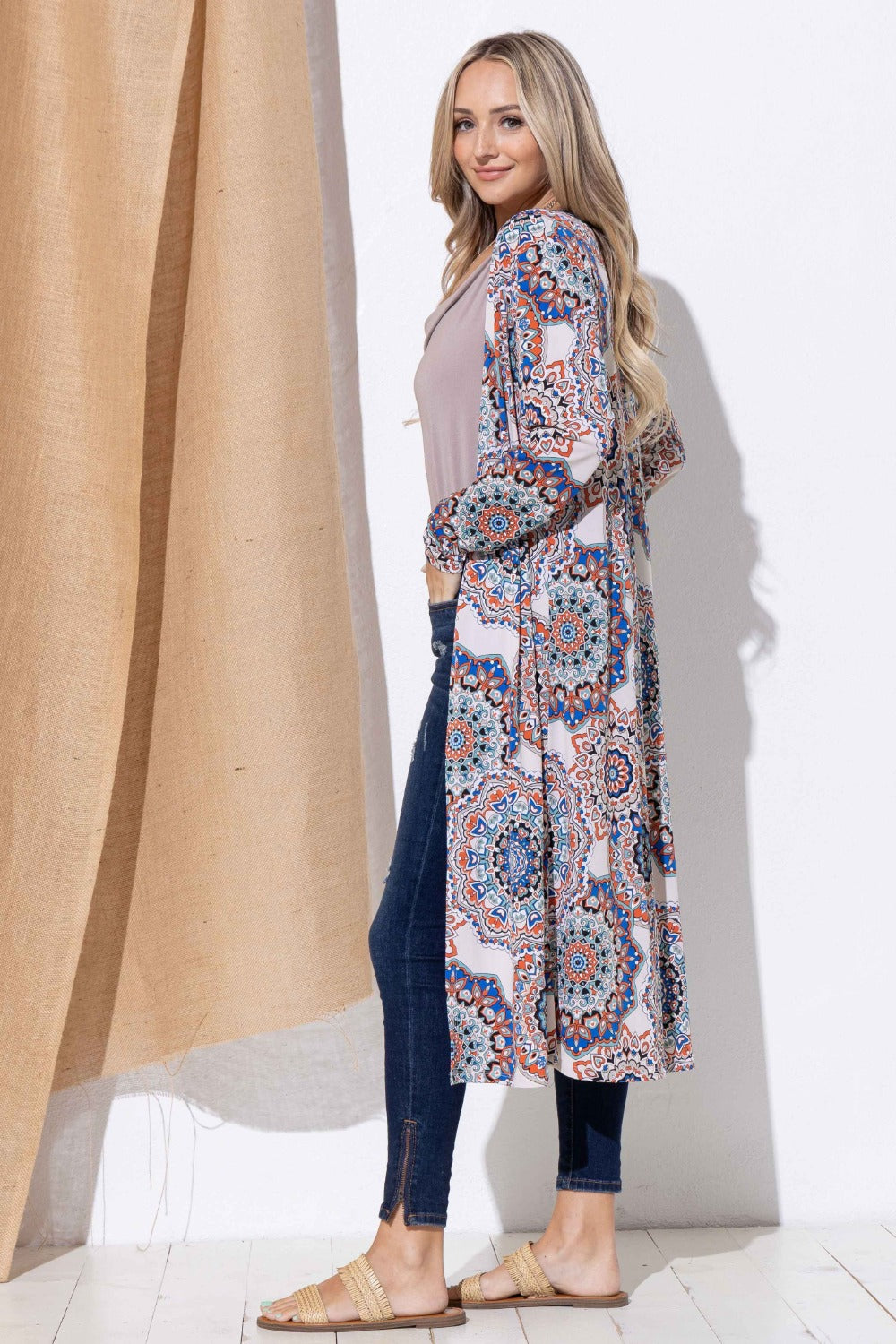 The Precious Merino Printed Kimono Open Front Longline Cardigan