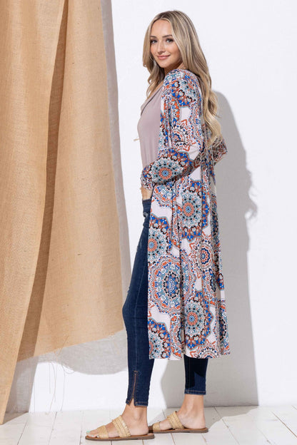 The Precious Merino Printed Kimono Open Front Longline Cardigan