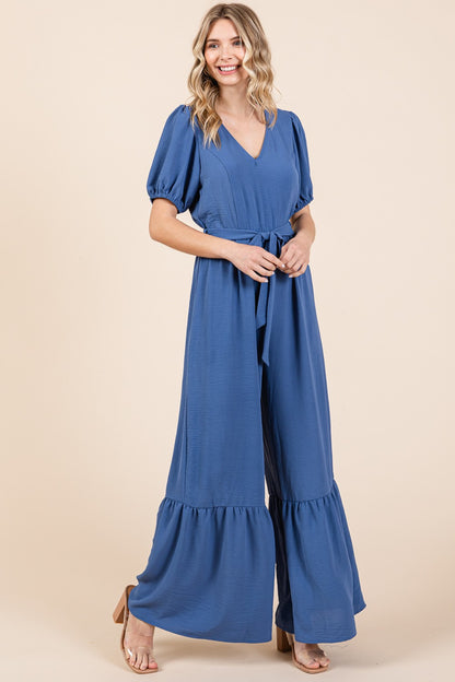 Sans V-Neck Belted Wide Leg Jumpsuit