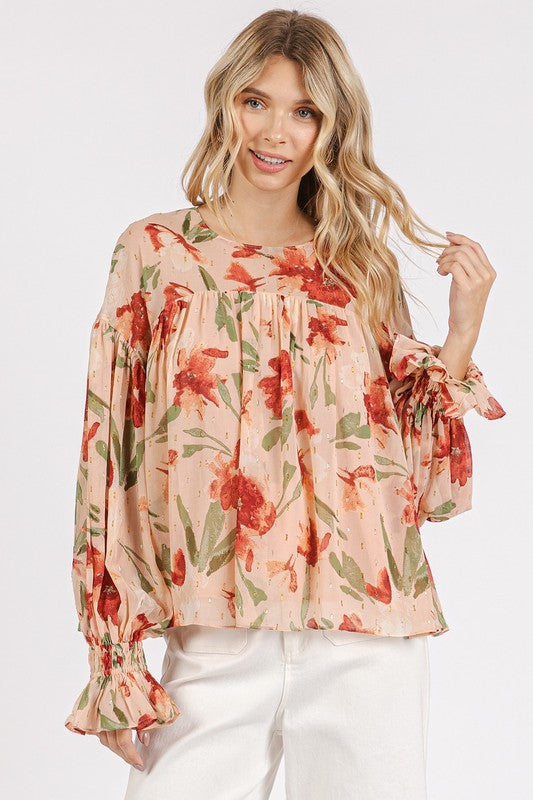 Twirl & Twirl Floral Round Neck Flounce Sleeve Blouse