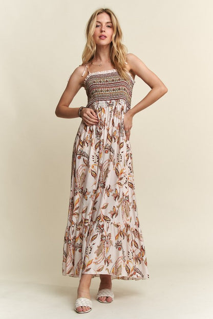 Heart's Desire Smocked Printed Square Neck Tie Shoulder Cami Dress