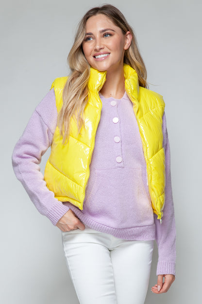 Yellow Zip Up Turtleneck Shiny Quilted Vest