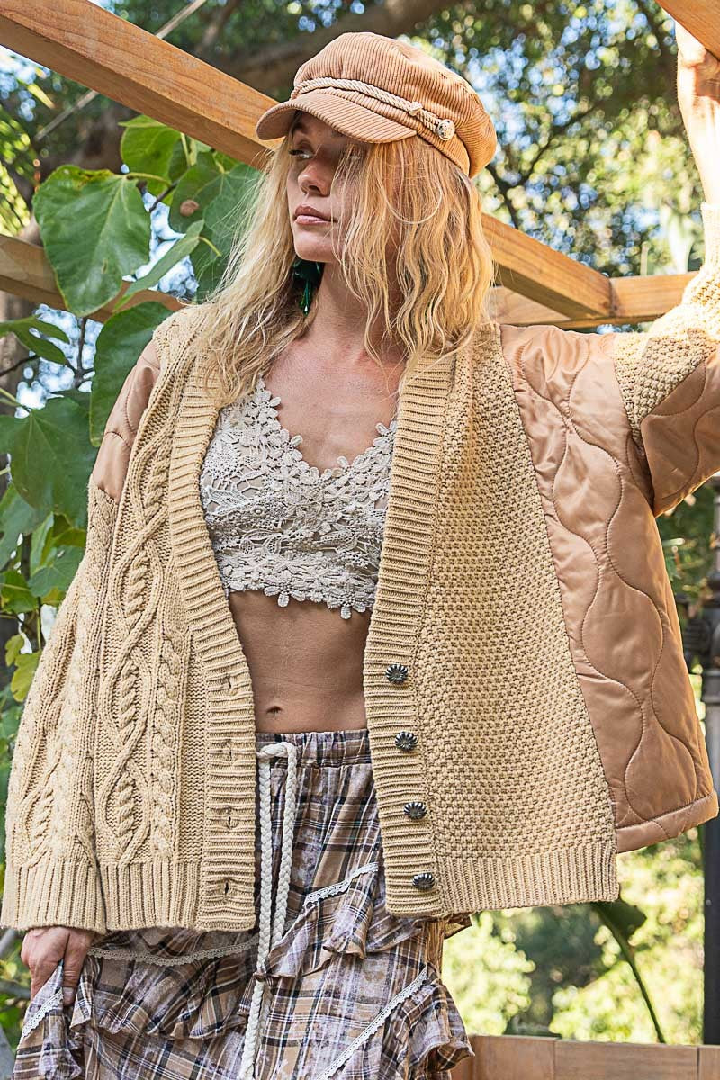 Sansplay Quilting Patch Button Up Cable Knit Jacket