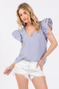 Twirl & Twirl Striped V-Neck Ruffled Cap Sleeve Blouse