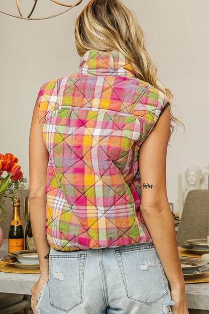 The Precious Merino Quilted Washed Plaid Snap Down Vest