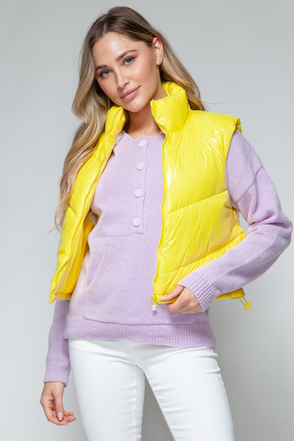 Yellow Zip Up Turtleneck Shiny Quilted Vest