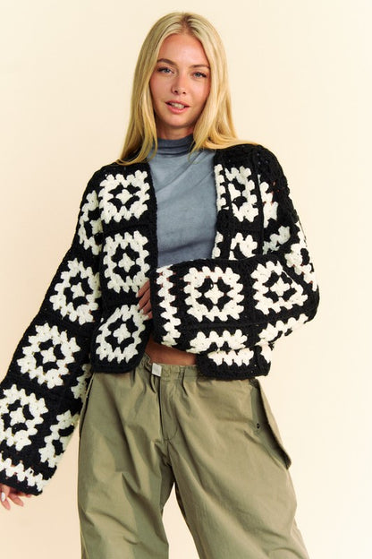 The Couture Knit Two Tone Flower Square Crochet Open Front Cardigan