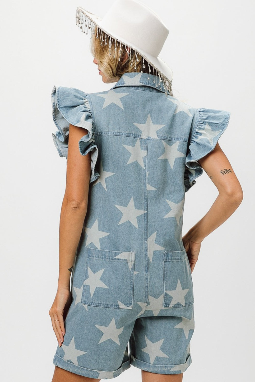 Denim Star Half Zip Denim Romper