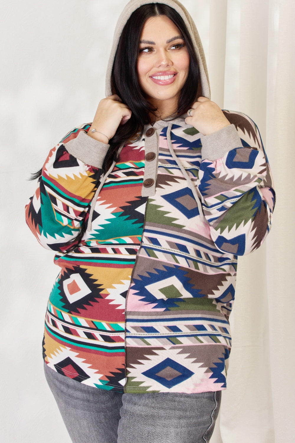 Full Size Geometric Exposed Seam Drawstring Hoodie