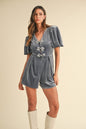 Sansplay Style Jewel Bow Decor Puff Sleeve Velvet Romper