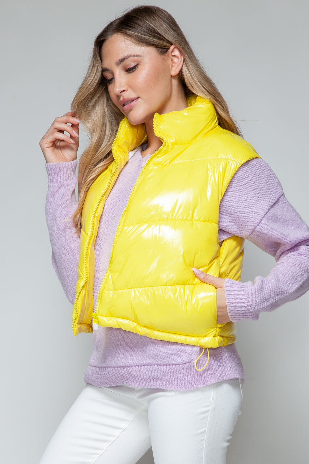Yellow Zip Up Turtleneck Shiny Quilted Vest