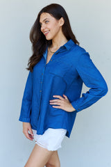 Jean Baby Denim Button Down Shirt Top in Dark Blue