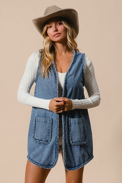 The Heirloom Braided Trim Open Front Denim Vest with Pockets