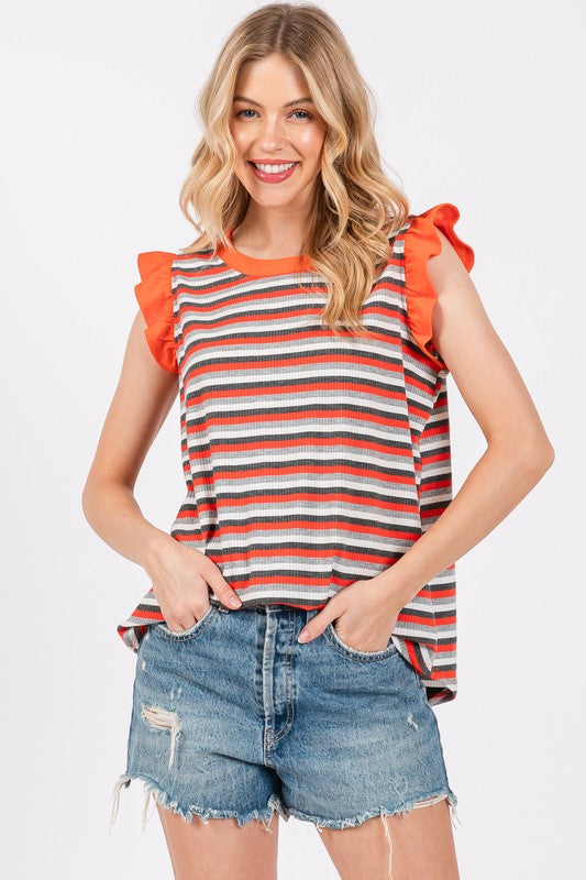 Urban Romance Striped Round Neck Ruffled Cap Sleeve Top